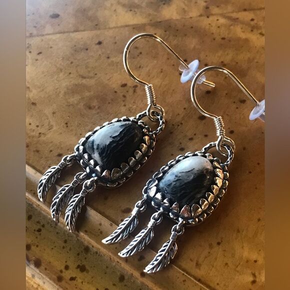 Natural White Buffalo Sterling Silver Feather Earrings - Picture 2 of 6